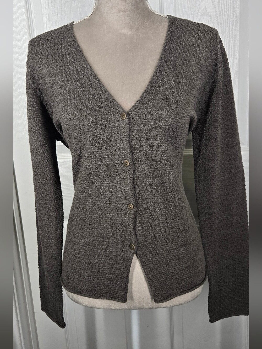 Eileen Fisher 100% Wool Cardigan Sweater Gray Italian Yarn Button Front Women's